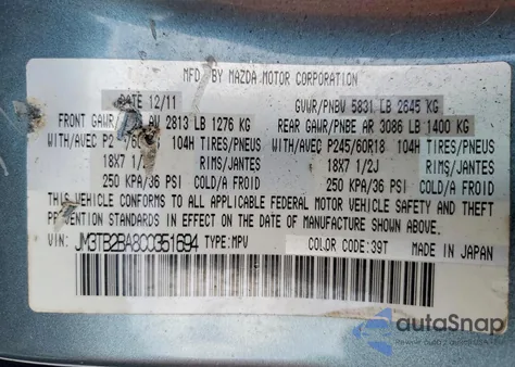 2012 Mazda Cx-9 from USA, damaged, VIN JM3TB2BA8C0351694